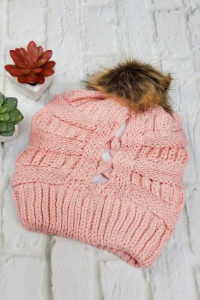 #10 Pink Ponytail Pom-Pom Beanie