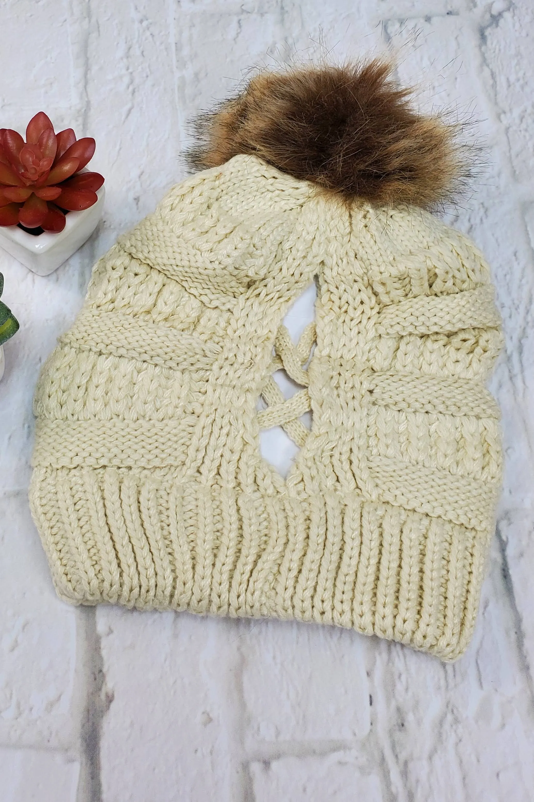 #11 Cream Ponytail Pom-Pom Beanie