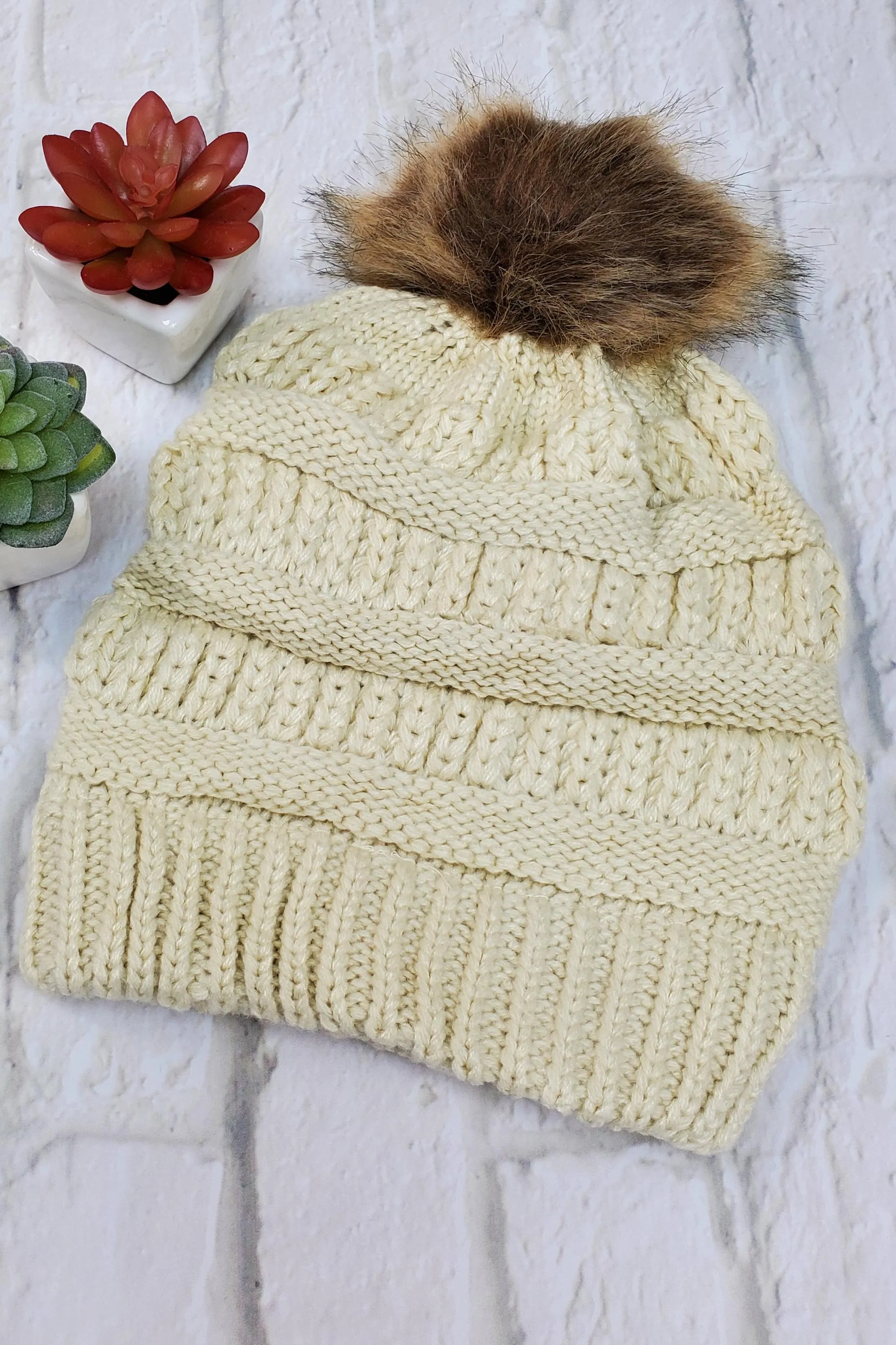 #11 Cream Ponytail Pom-Pom Beanie