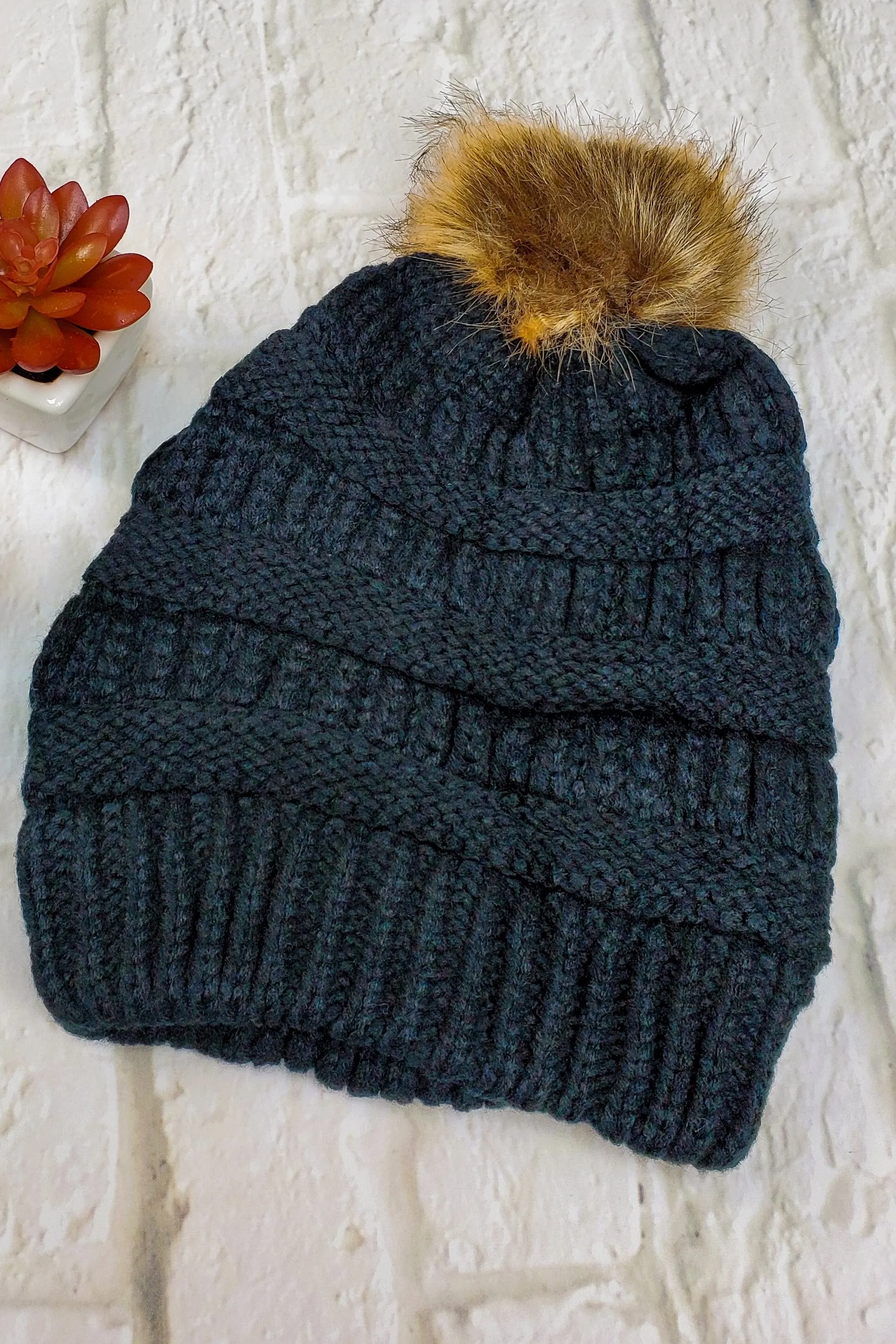 #12 Black Ponytail Pom-Pom Beanie