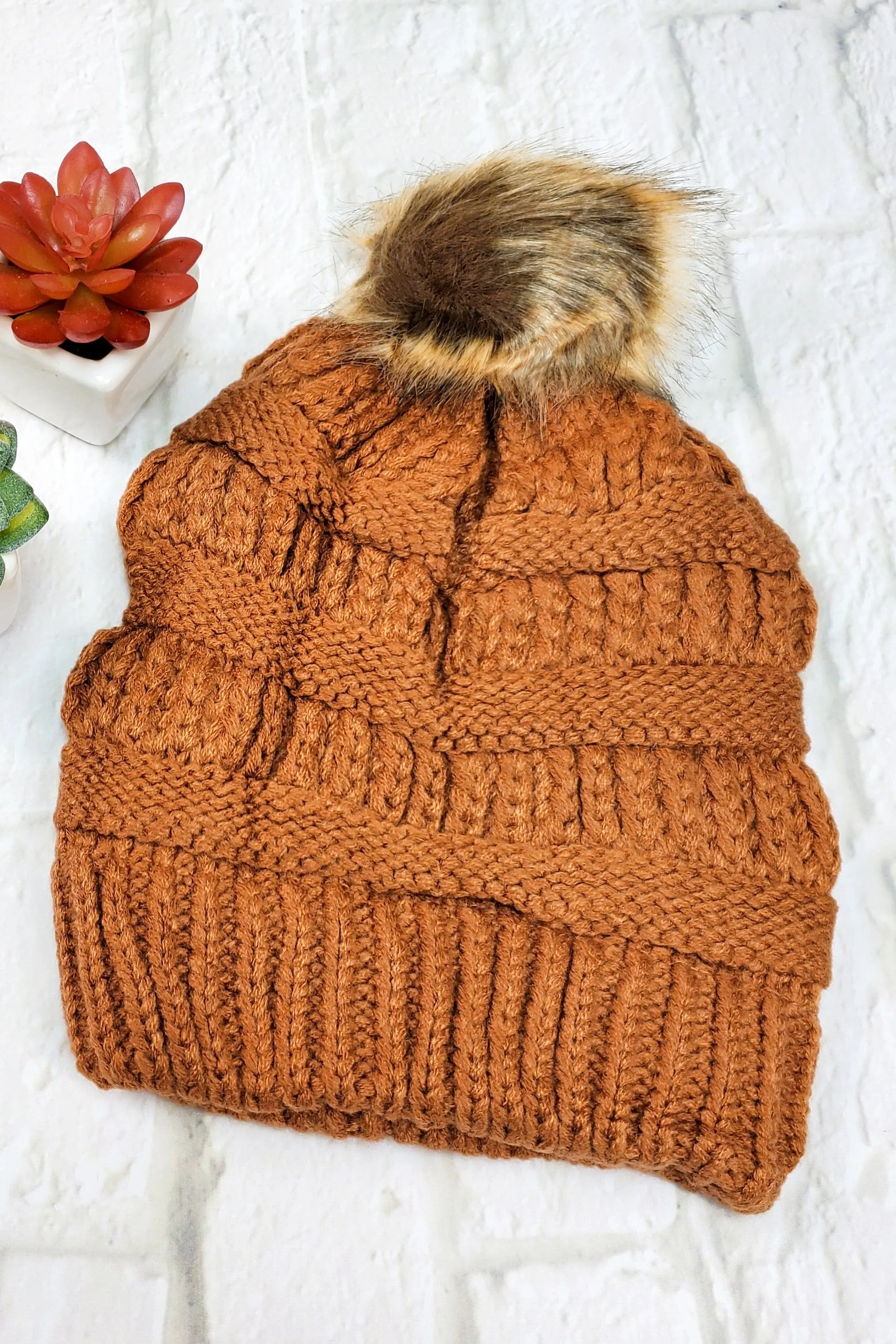 #13 Rust Ponytail Pom-Pom Beanie