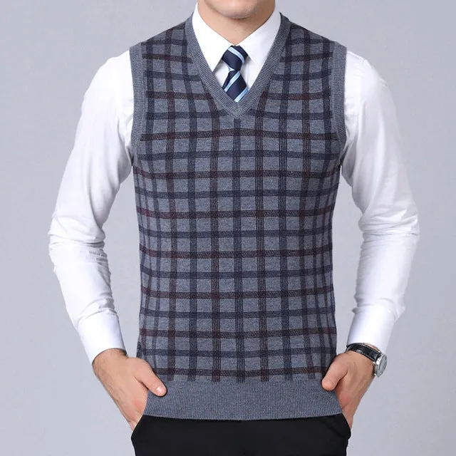 2019 New Fashion Brand Sweater Men Pullover Slim Fit Jumpers Knitwear Sleeveless plaid Winter Korean Style Casual Men Clothes