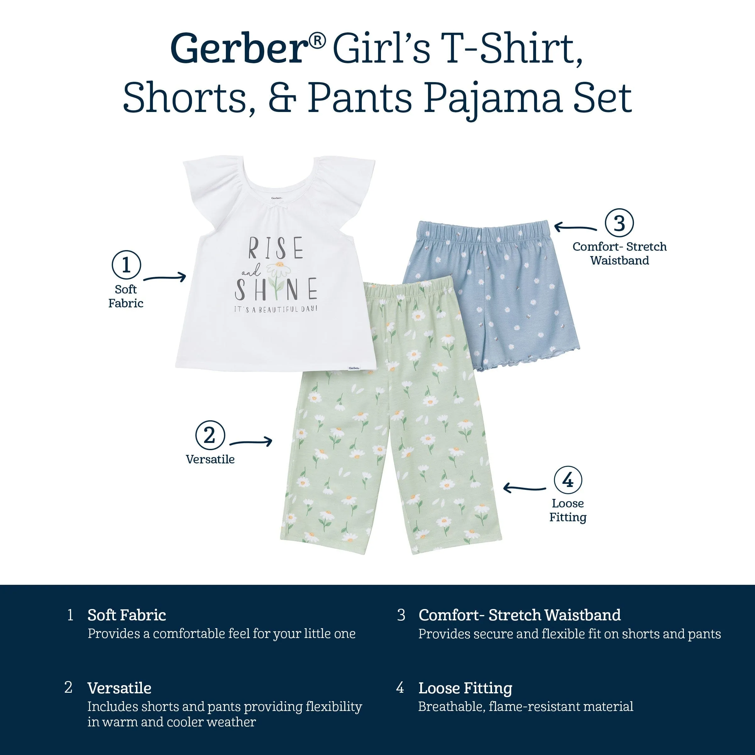 3-Piece Toddler Girls Daises T-Shirt, Shorts & Pants Pajama Set