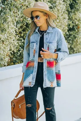 Aztec Print Lapel Pocket Casual Denim Jacket