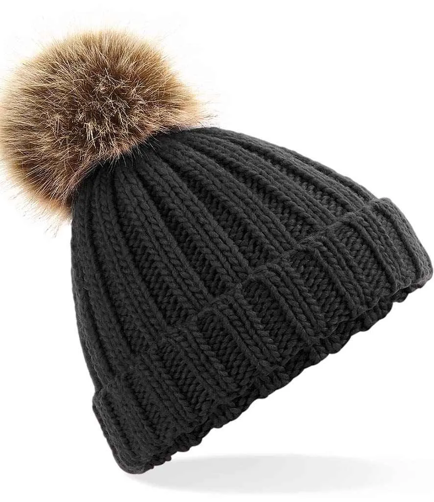 BB412B - Beechfield Junior Faux Fur Pom Pom Chunky Beanie