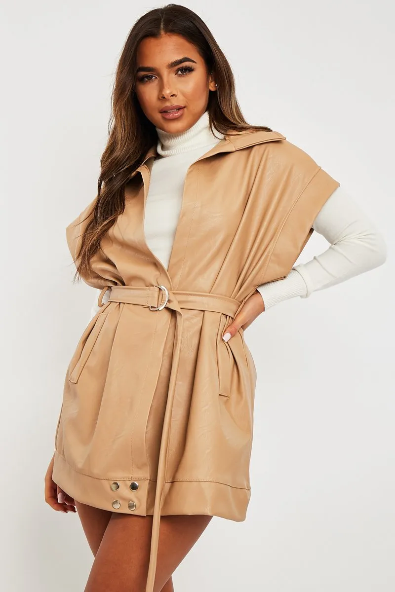 Beige Faux Leather Plunge Belted Dress - Jaice