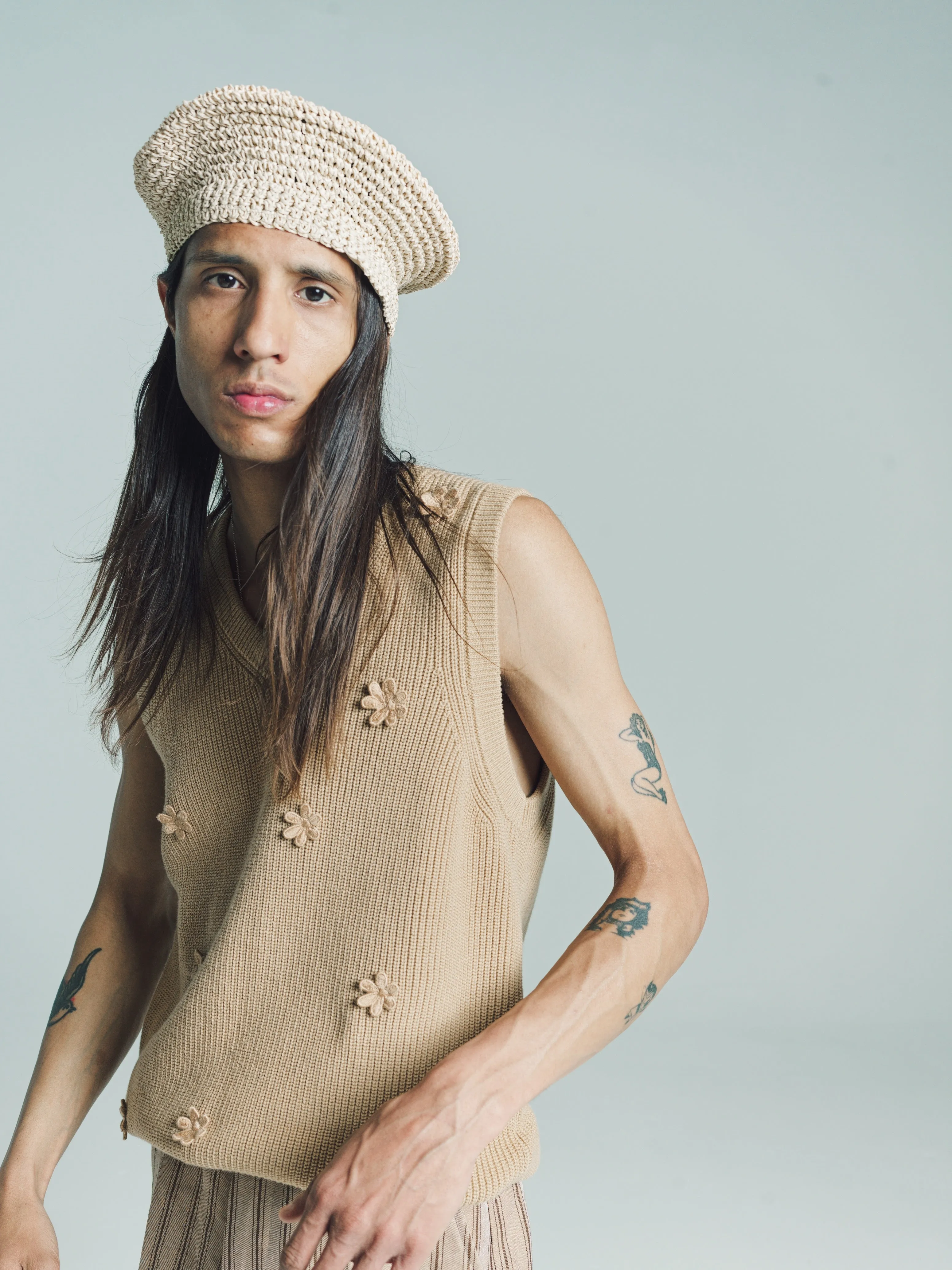 Beige Floral Applique Dharma Ribbed Vest