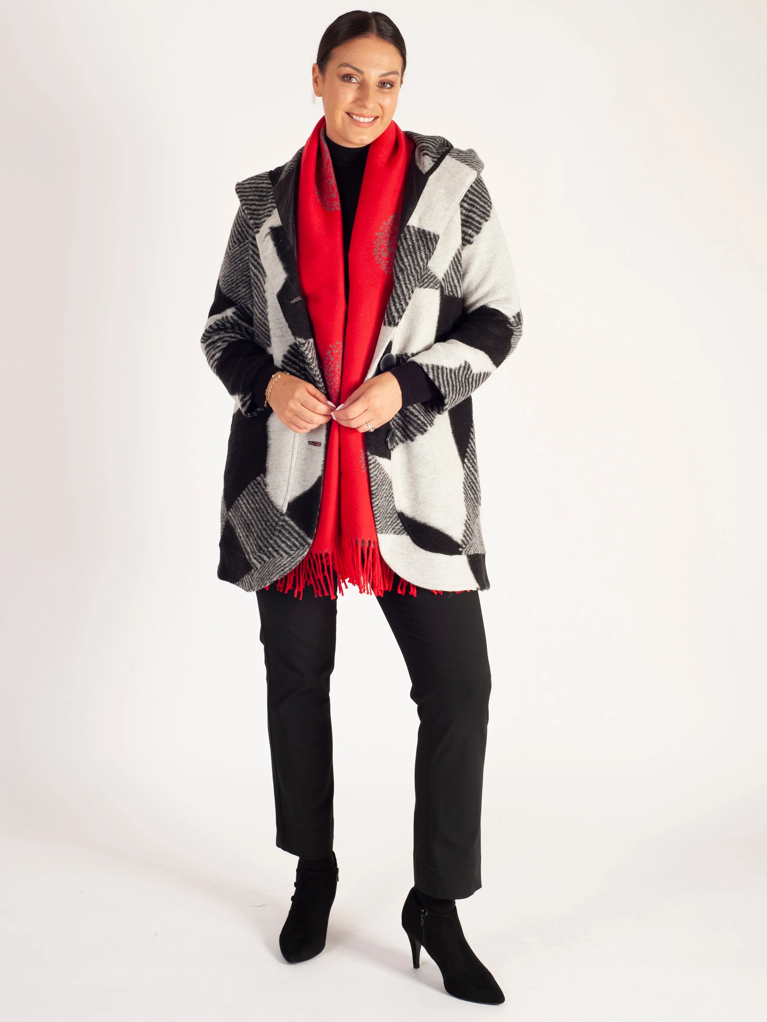 Black and Grey Patchwork Wool Blend Coat with Hood