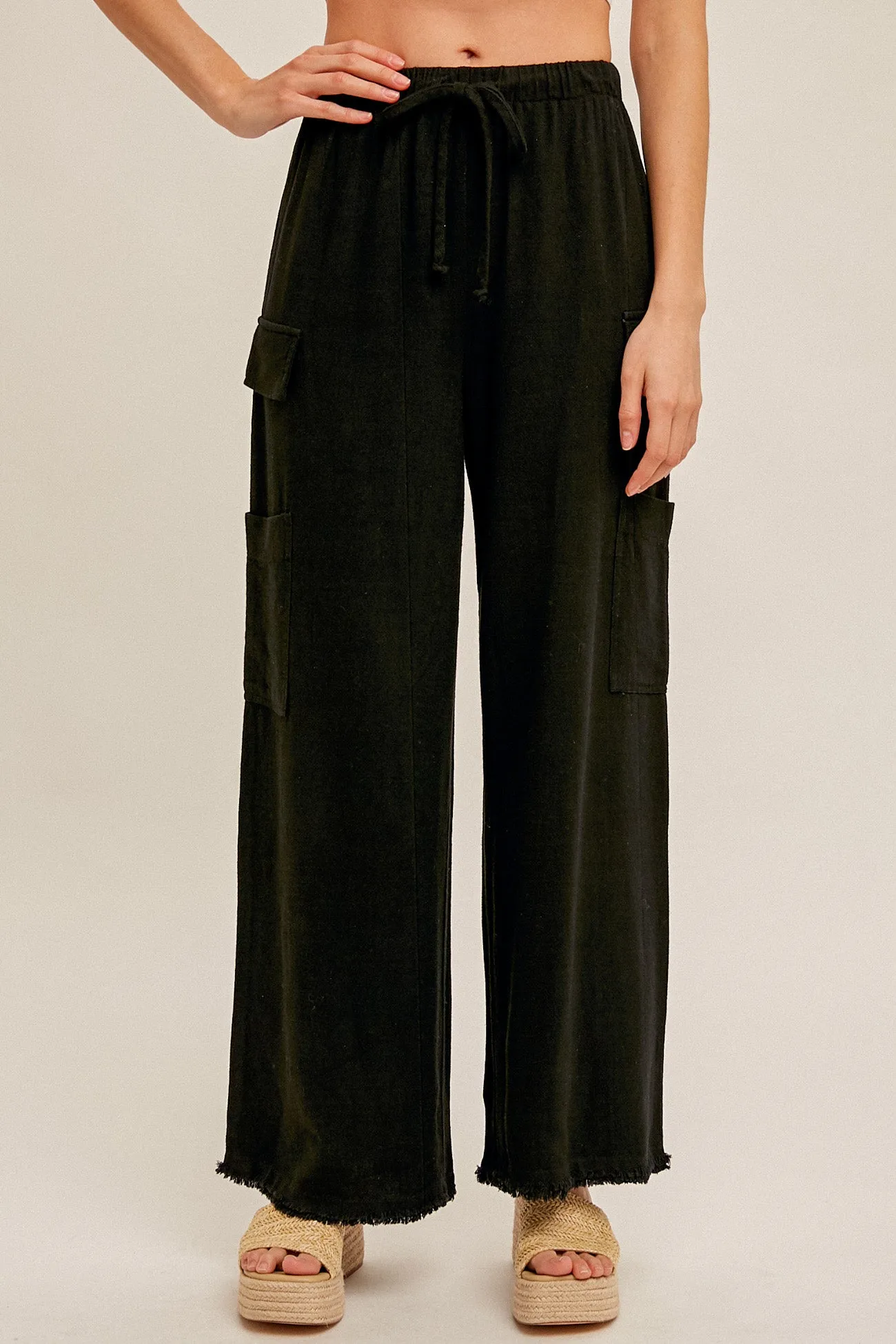 Black Cargo Linen Pants