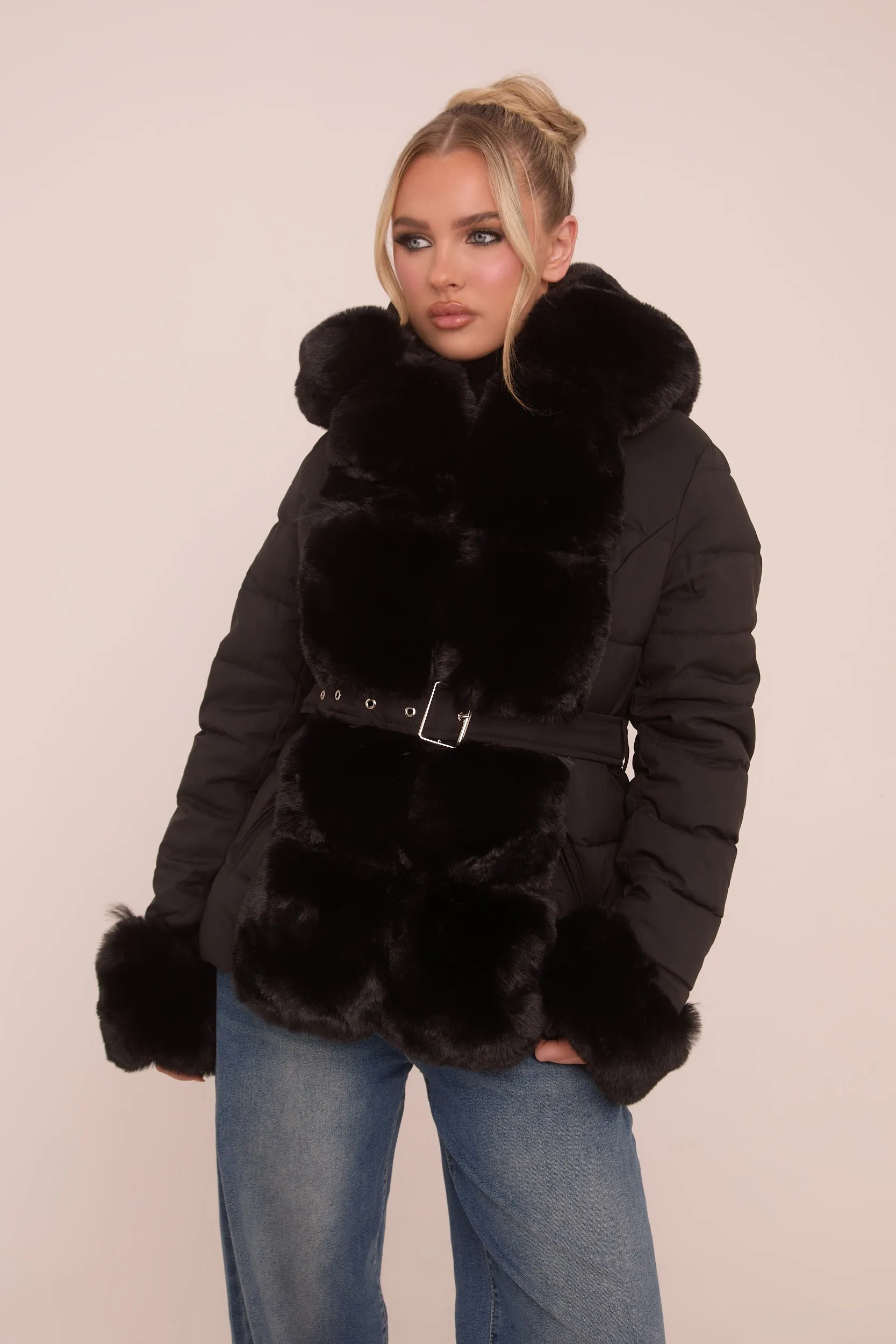 Black Faux Fur Trim Hooded Puffer Jacket - Betty