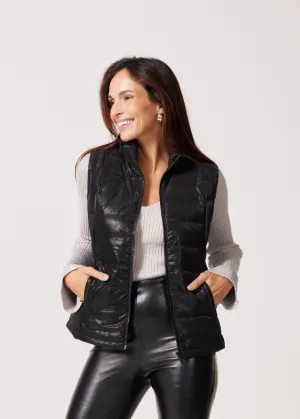 Black Leather Look Duck Down Puffer Vest