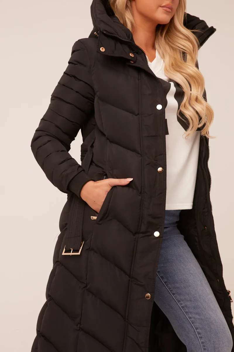 Black Longline Hooded Puffer Jacket - Shauna