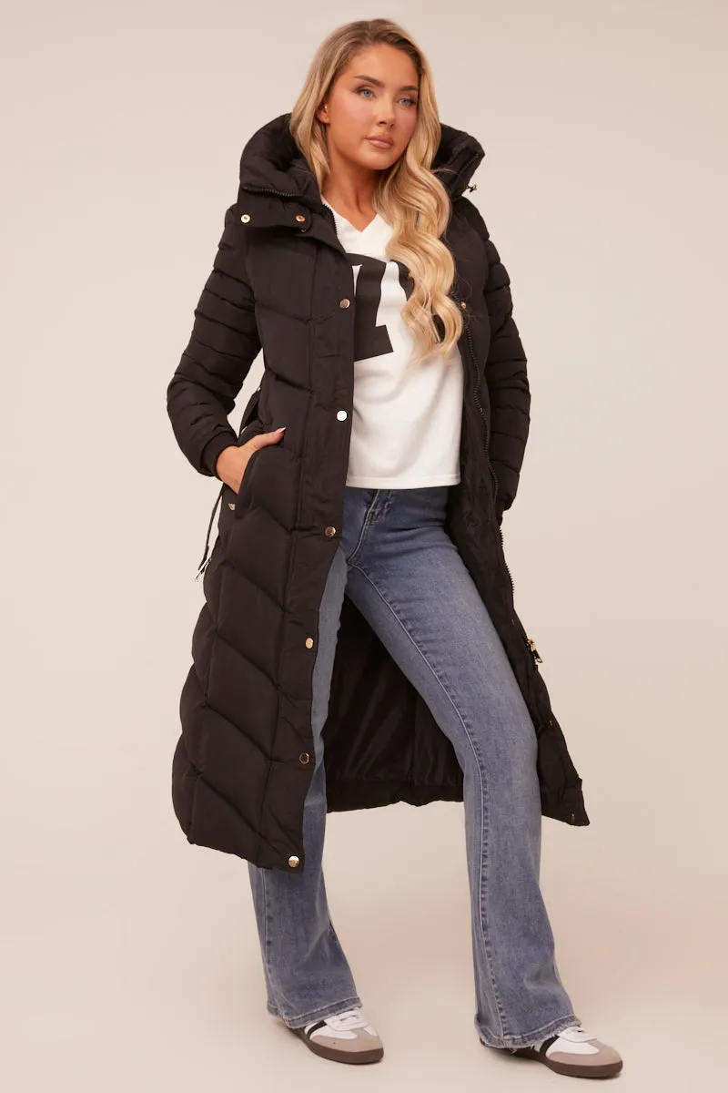 Black Longline Hooded Puffer Jacket - Shauna