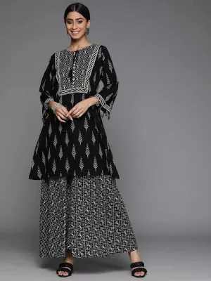 Black Printed Cotton A-Line Kurta With Palazzos