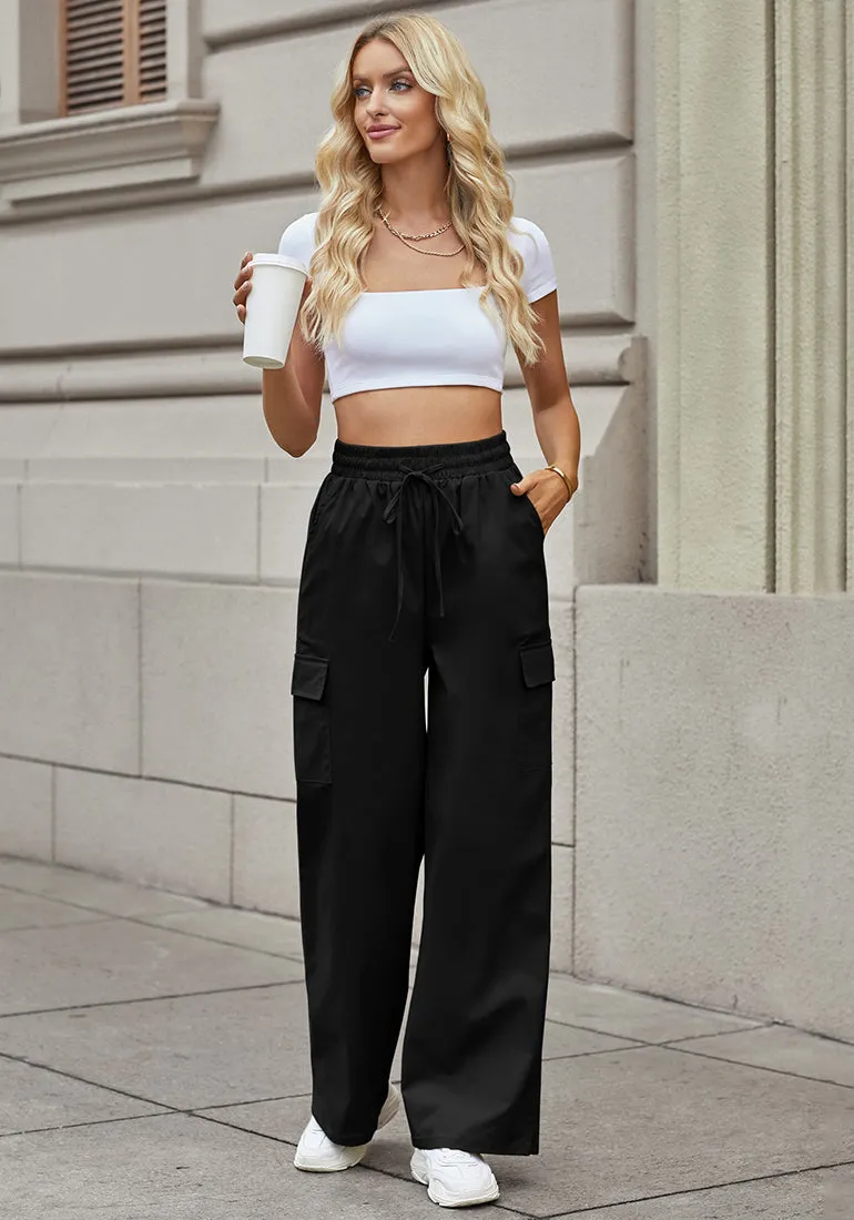 Black Women's Brief Elastic Waist Wide Leg Cargo Pants Stretch Loose Pants Y2K