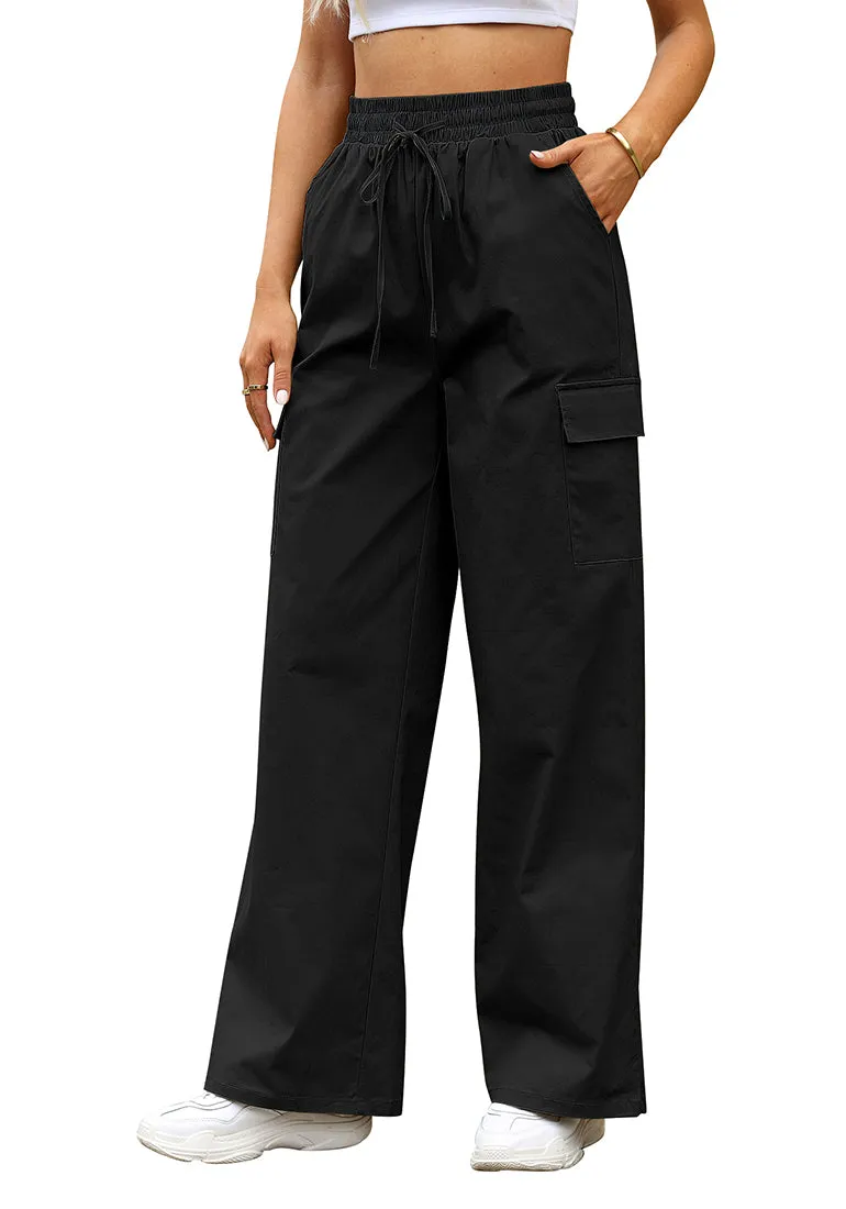 Black Women's Brief Elastic Waist Wide Leg Cargo Pants Stretch Loose Pants Y2K