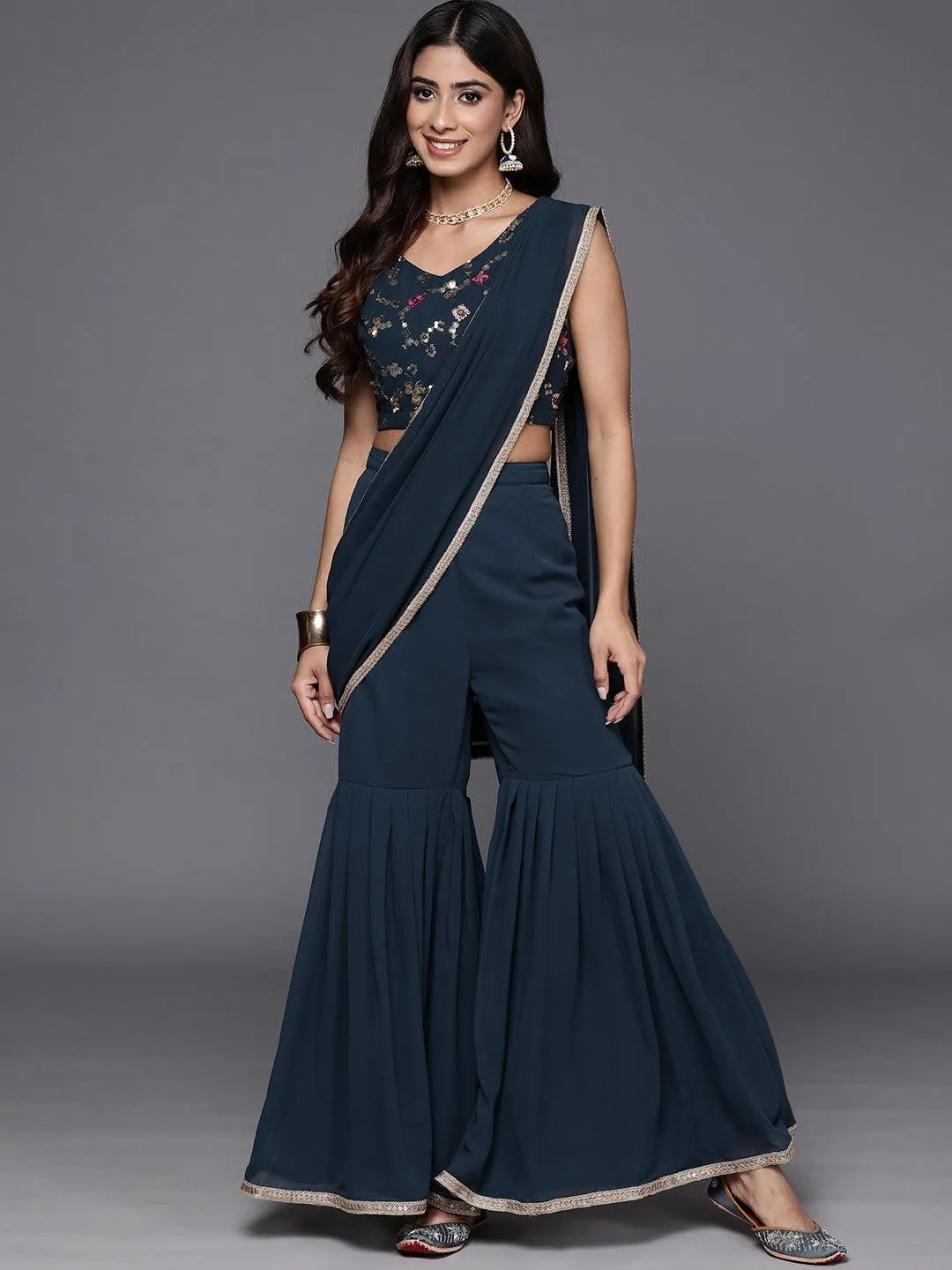 Blue Embellished Georgette Stitched Saree