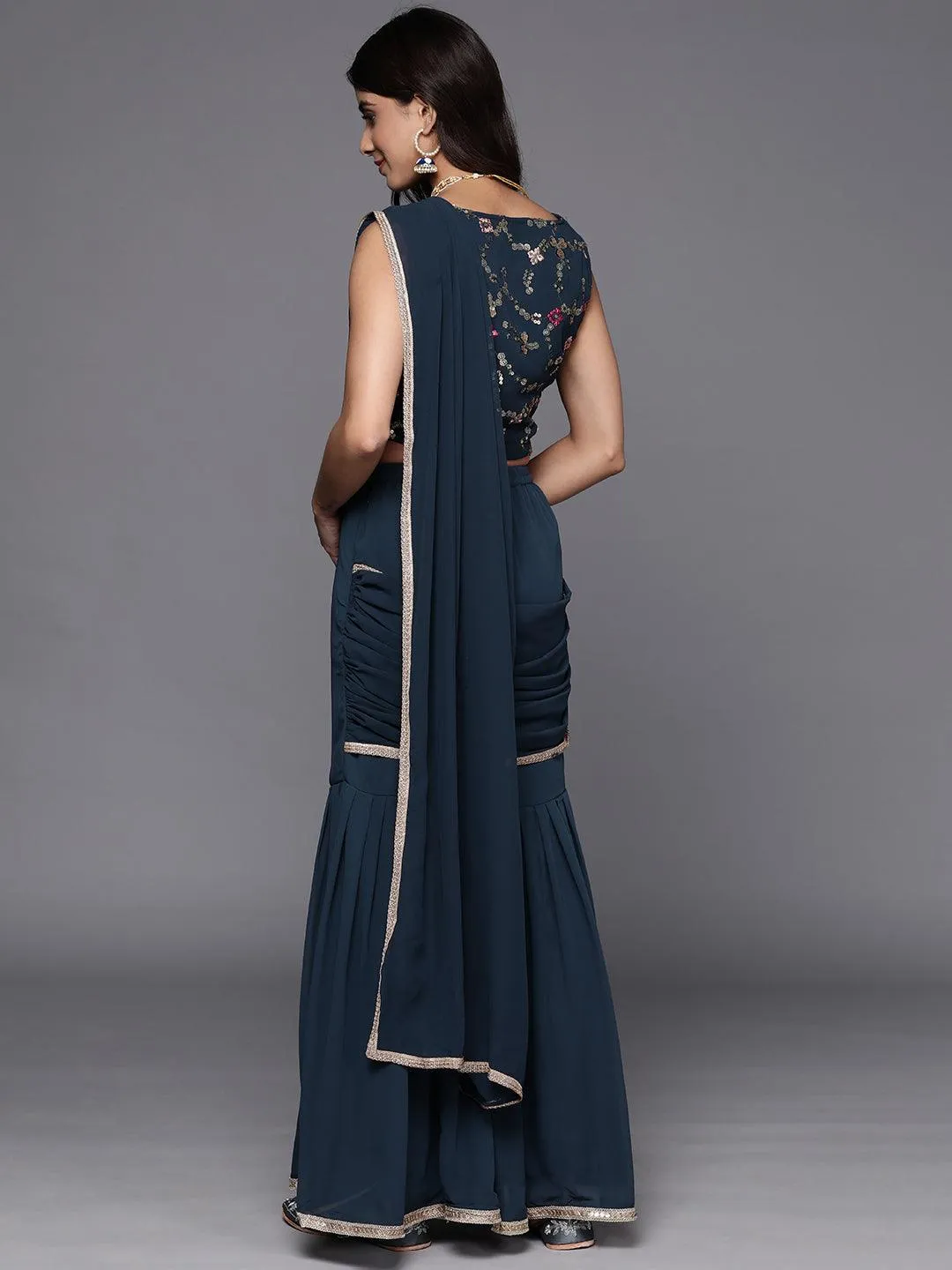 Blue Embellished Georgette Stitched Saree