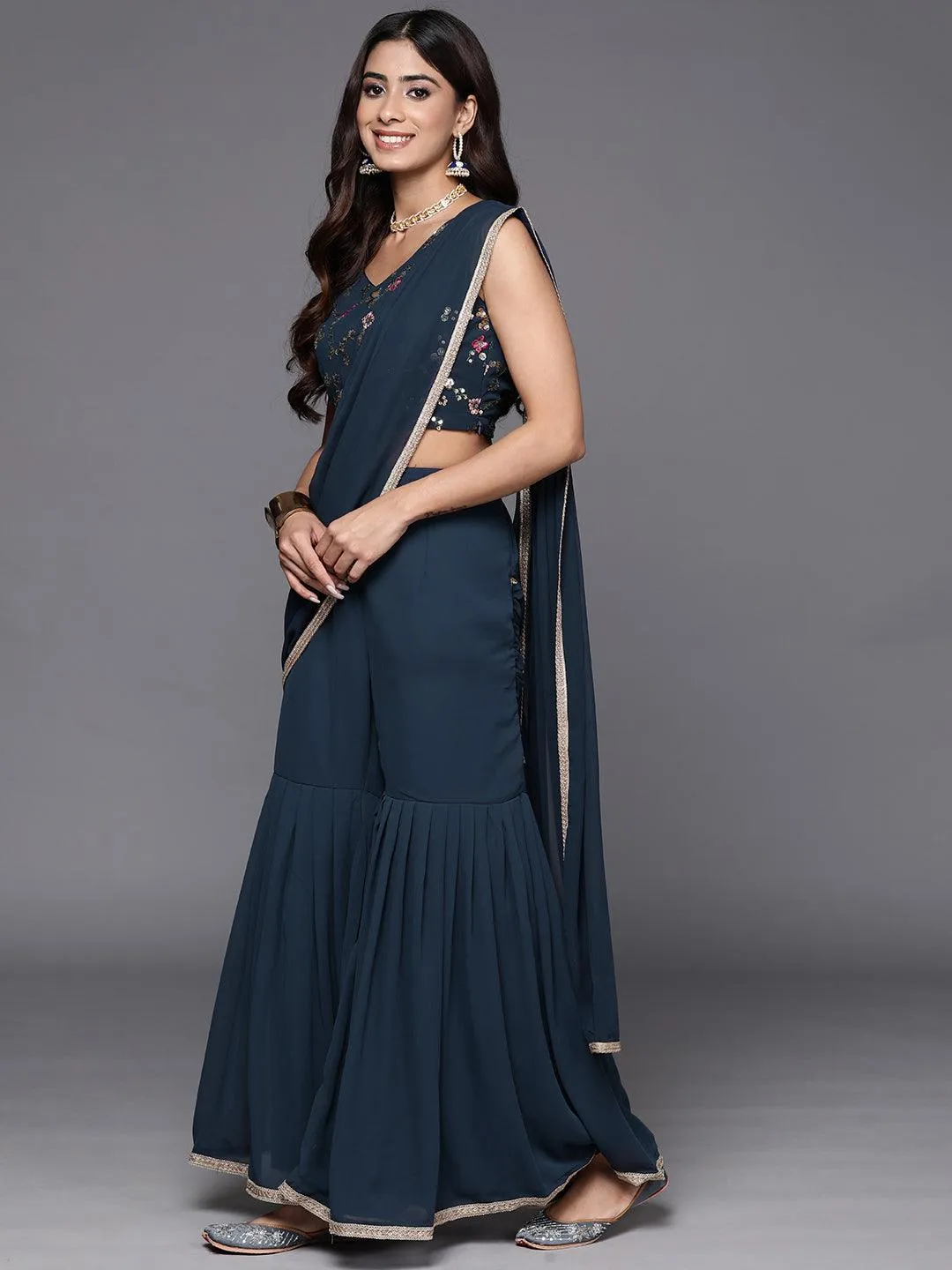 Blue Embellished Georgette Stitched Saree