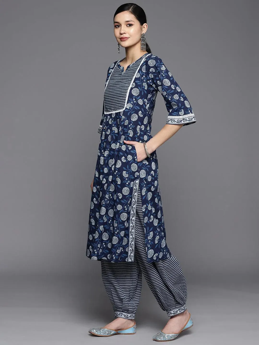 Blue Printed Cotton A-Line Kurta With Salwar