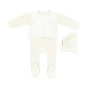 Bonjoy Ivory Velour Stretchie, Embossed Cardigan, & Beanie