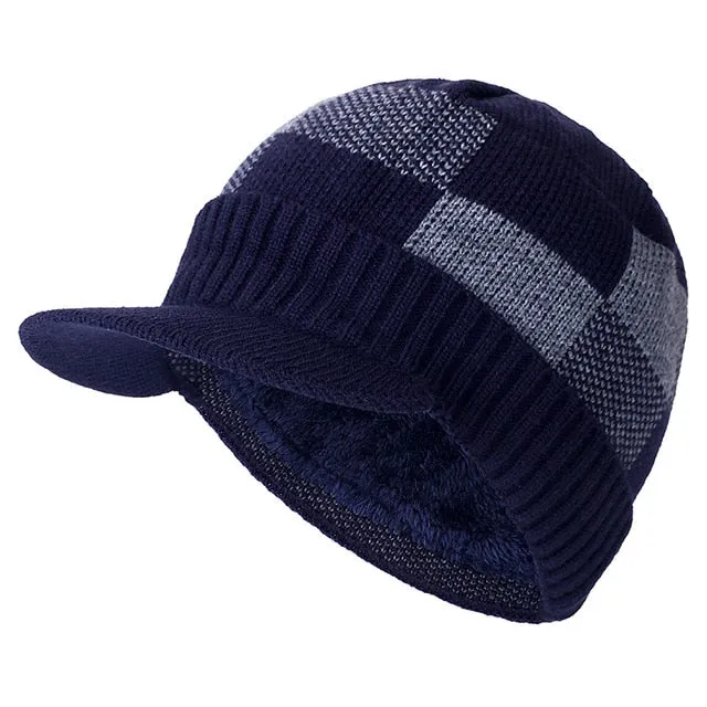 Brim Stylish Fur Lined Soft Beanie Lattice Design Thick Outdoor Knitted Woolen Warm Winter Cap