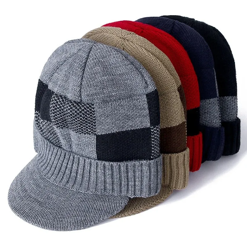 Brim Stylish Fur Lined Soft Beanie Lattice Design Thick Outdoor Knitted Woolen Warm Winter Cap