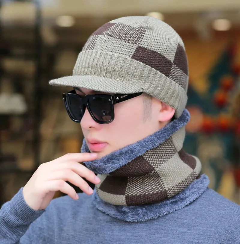 Brim Stylish Fur Lined Soft Beanie Lattice Design Thick Outdoor Knitted Woolen Warm Winter Cap