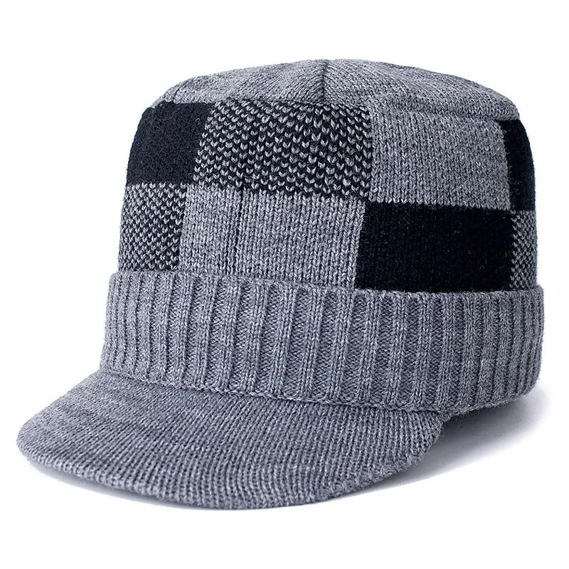 Brim Stylish Fur Lined Soft Beanie Lattice Design Thick Outdoor Knitted Woolen Warm Winter Cap