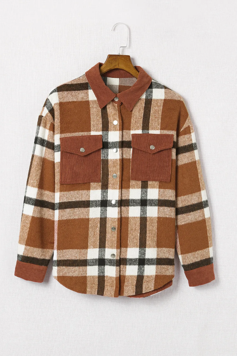 Brown Pocketed Buttoned Plaid Shirt Jacket