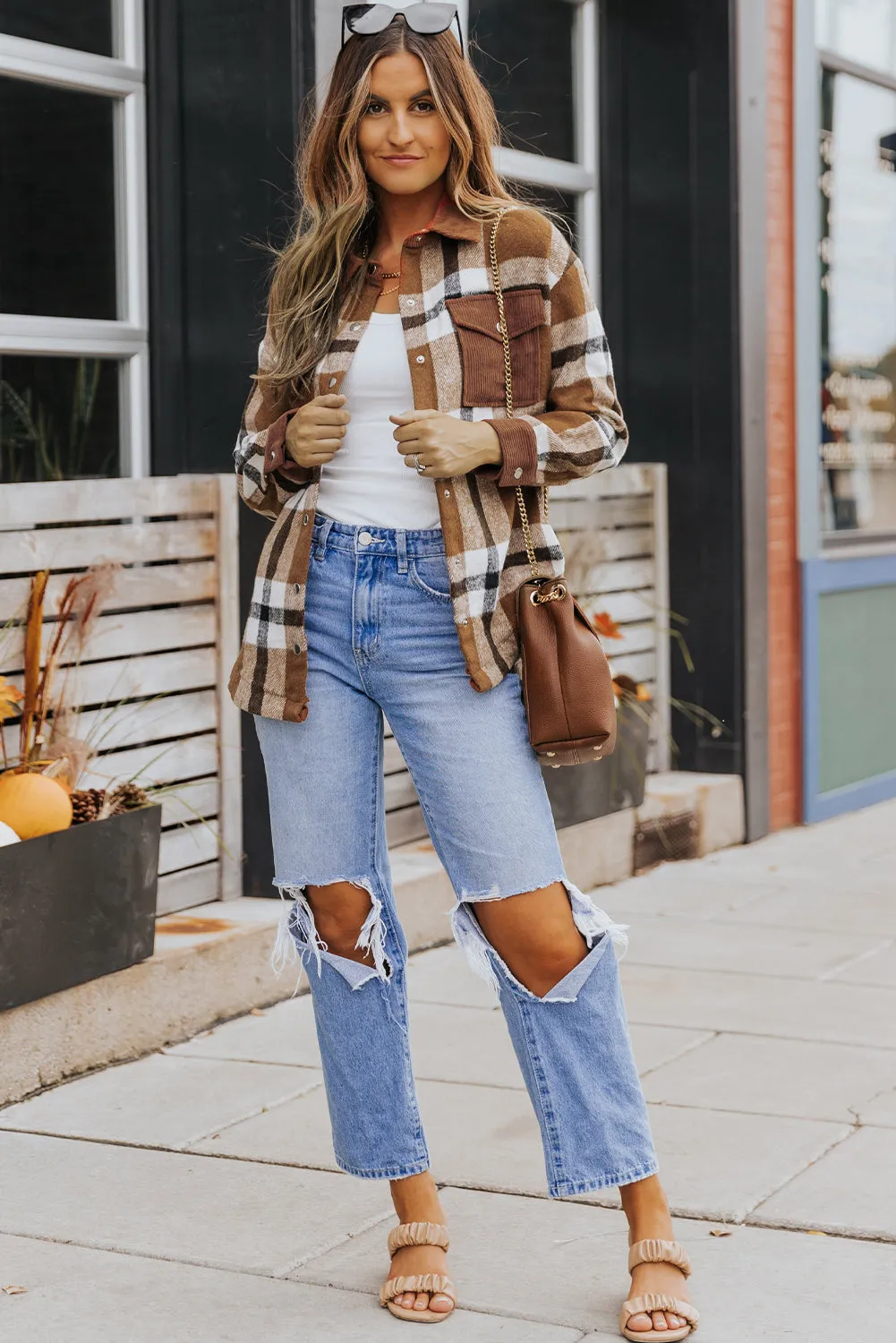 Brown Pocketed Buttoned Plaid Shirt Jacket