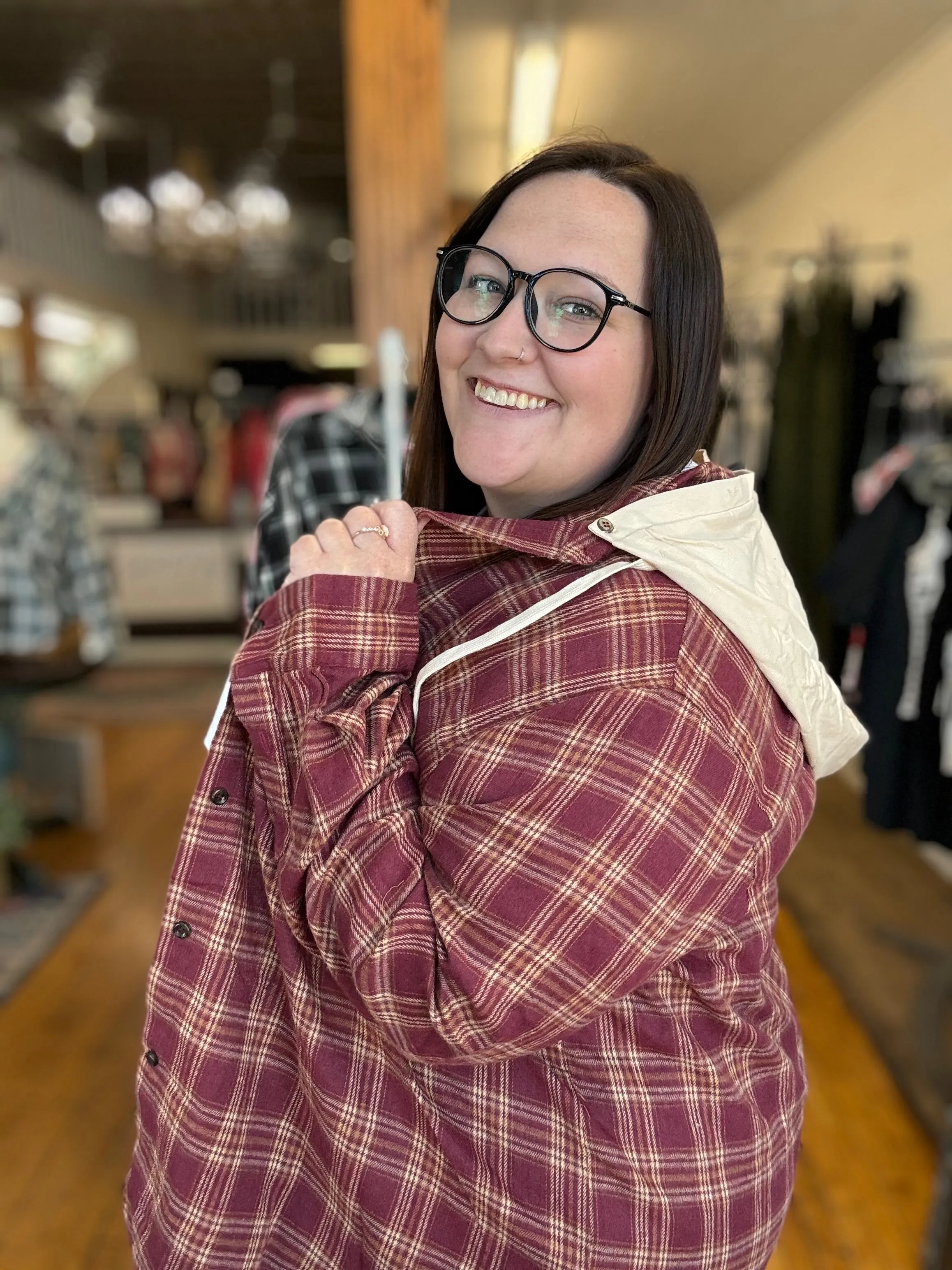 Burgundy/Taupe Lightweight Plaid Shacket with Hood-Plus