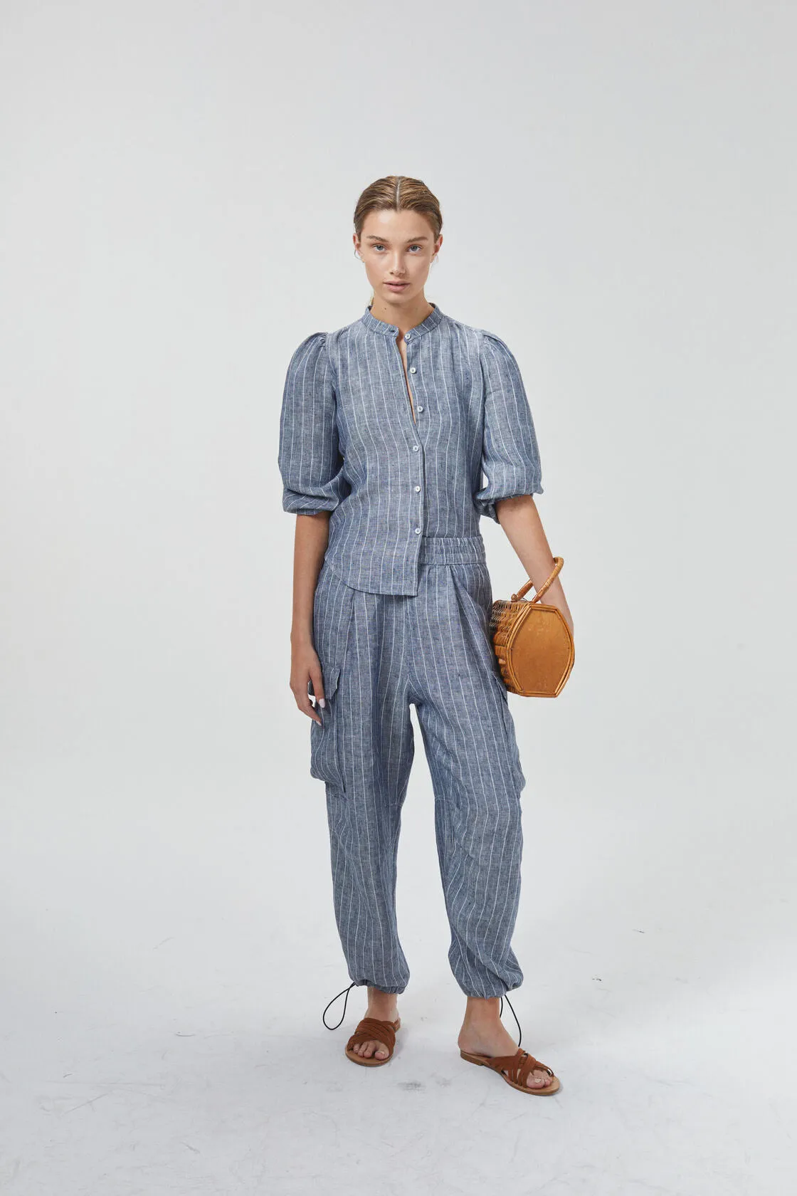 Cargo Linen Pants - Navy Stripes