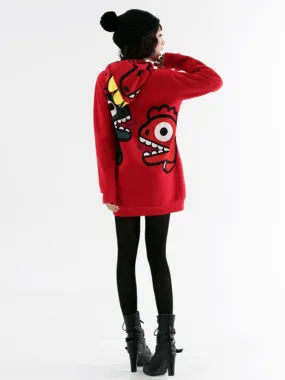 cartoon dino fleece hooded pullover