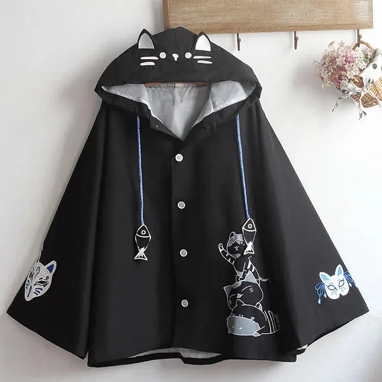 Cartoon Fox Mask Embroidery Kitty Fish Drawstring Hooded Cloak Coat