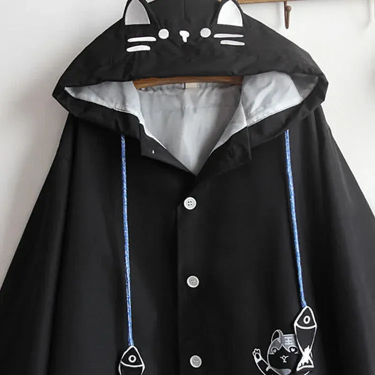 Cartoon Fox Mask Embroidery Kitty Fish Drawstring Hooded Cloak Coat