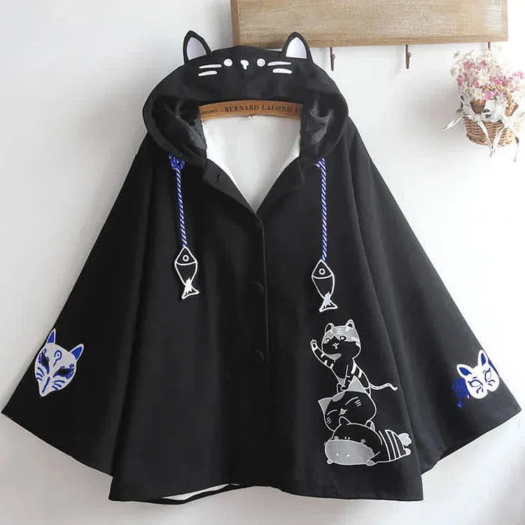 Cartoon Fox Mask Embroidery Kitty Fish Drawstring Hooded Cloak Coat