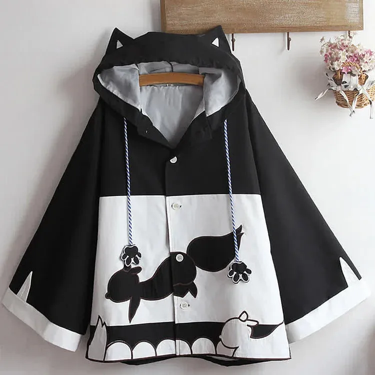 Cartoon Fox Mask Embroidery Kitty Fish Drawstring Hooded Cloak Coat