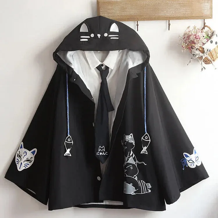 Cartoon Fox Mask Embroidery Kitty Fish Drawstring Hooded Cloak Coat