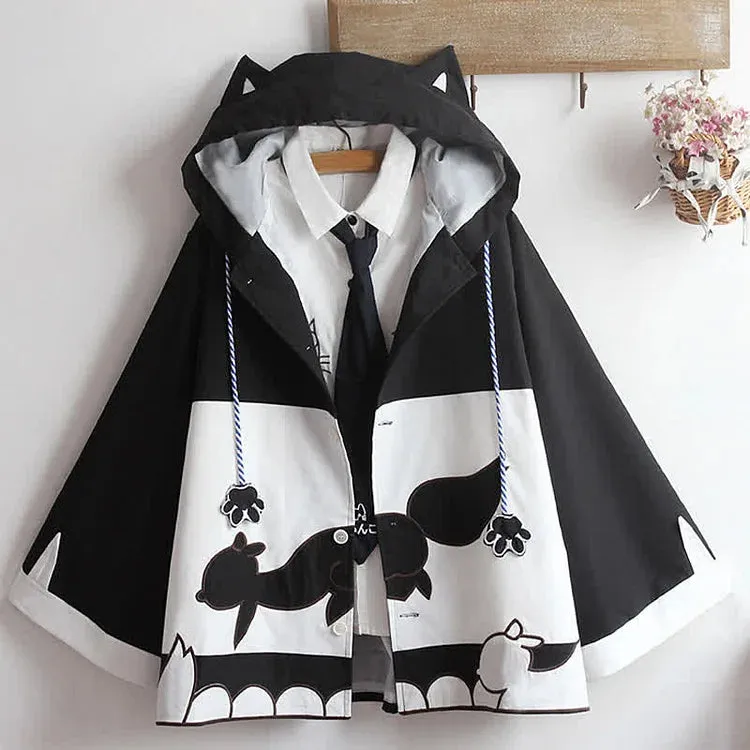 Cartoon Fox Mask Embroidery Kitty Fish Drawstring Hooded Cloak Coat