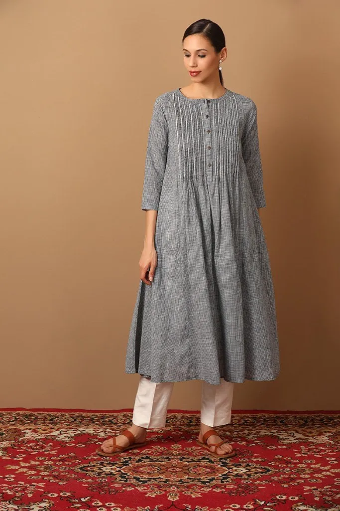 Chequered Pattern A-Line Kurta With Bead Work