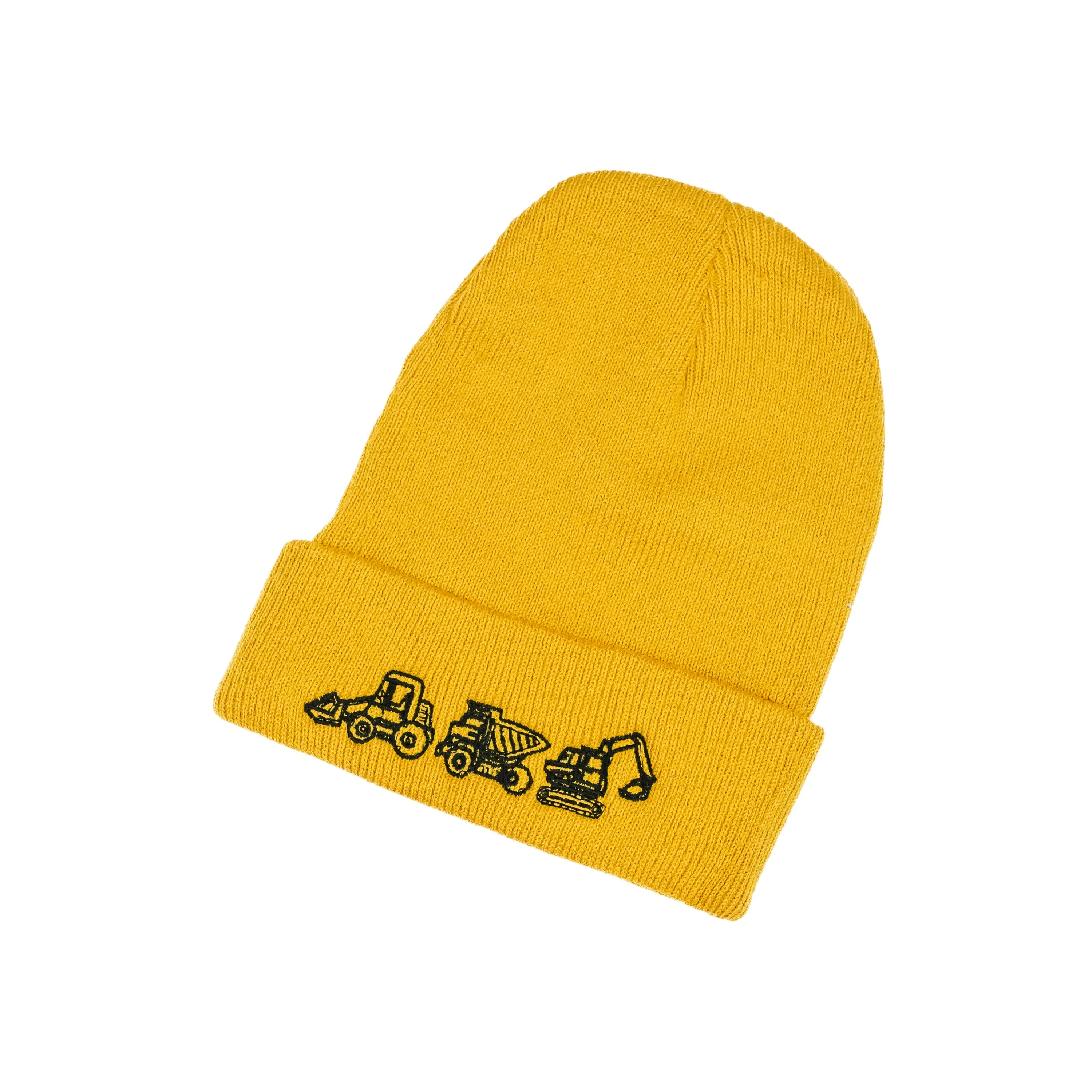 Child Beanie - 3 Construction Trucks - Mustard w/ Black