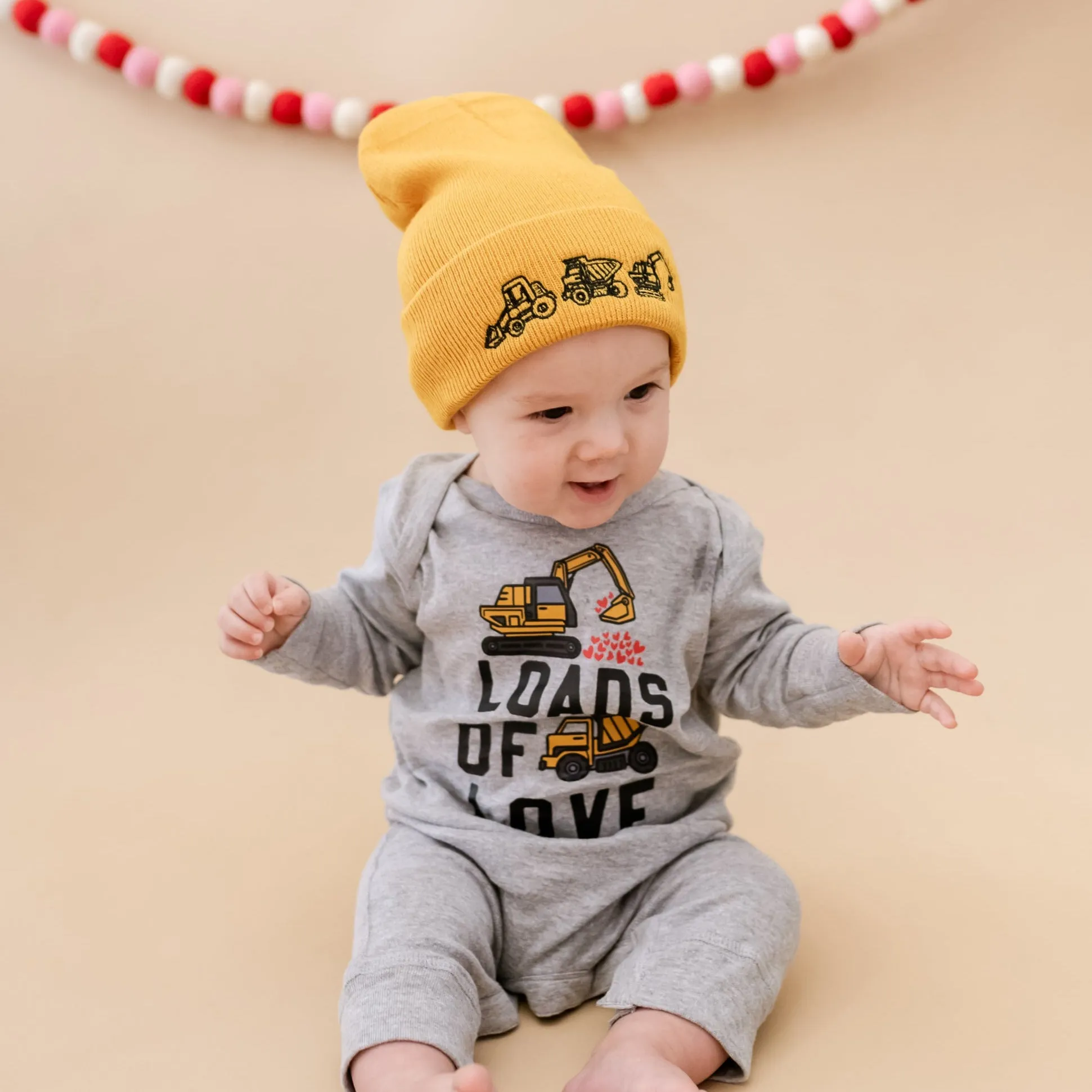 Child Beanie - 3 Construction Trucks - Mustard w/ Black