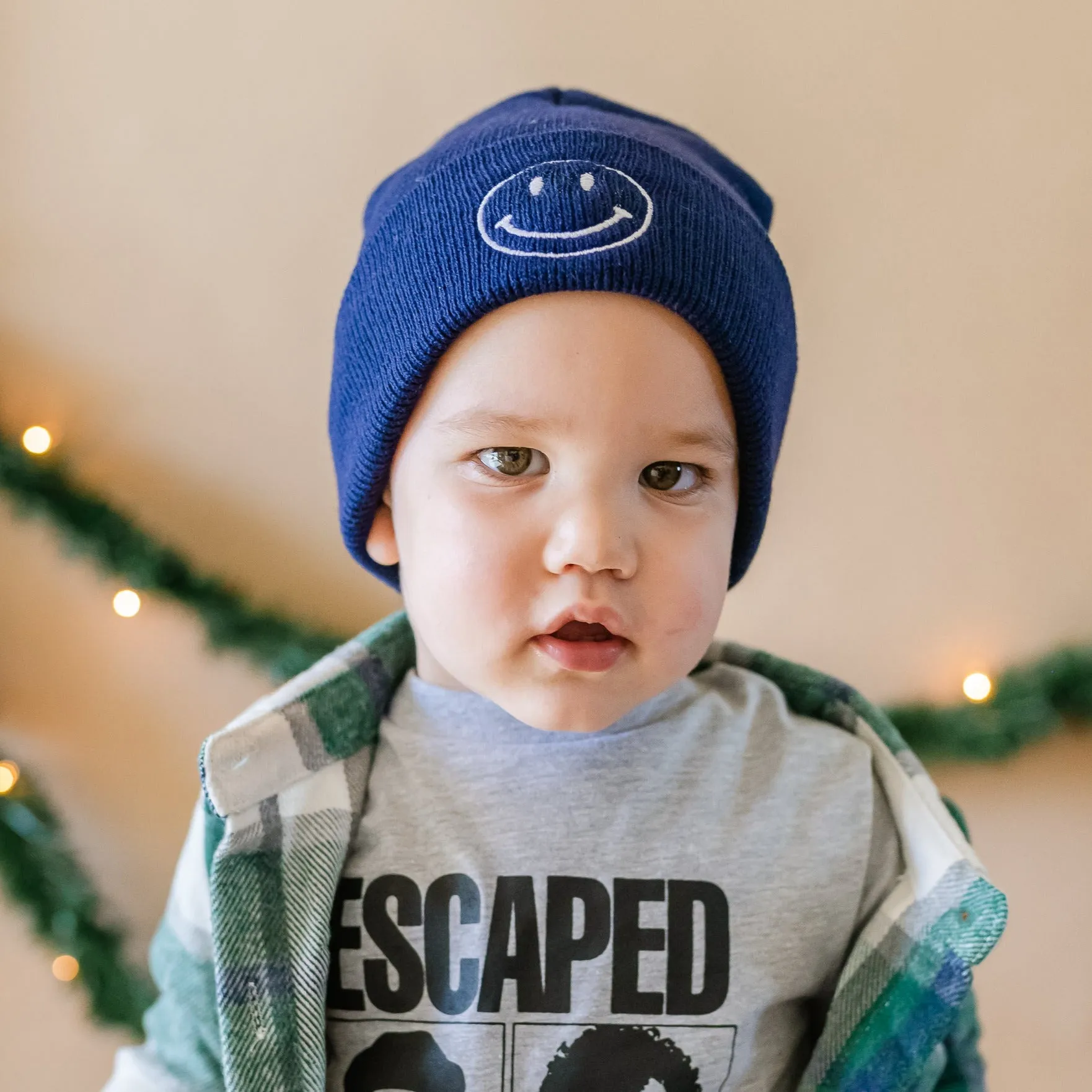 Child Beanie - Smiley Face - Navy w/ White