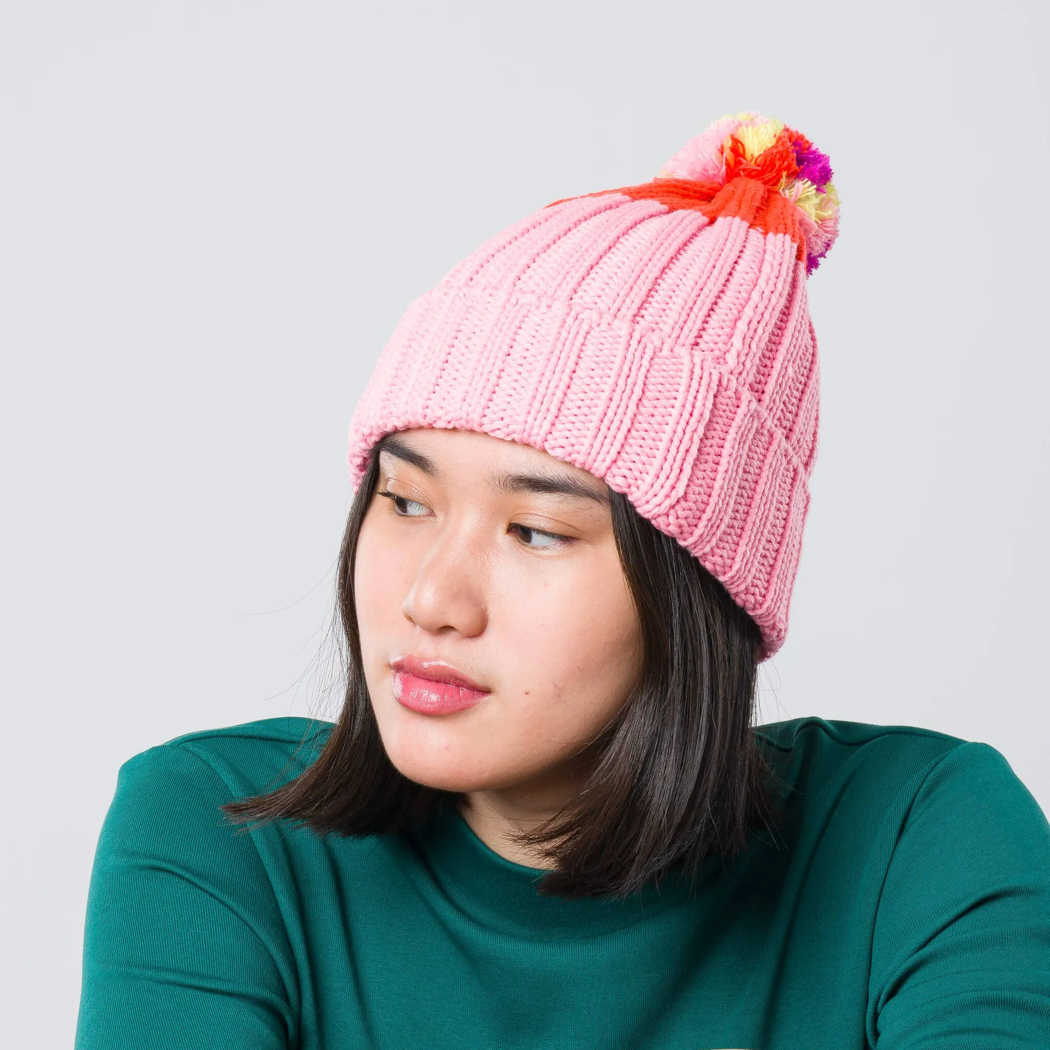 Chunky Colorblock Knit Pom Beanie: Pink