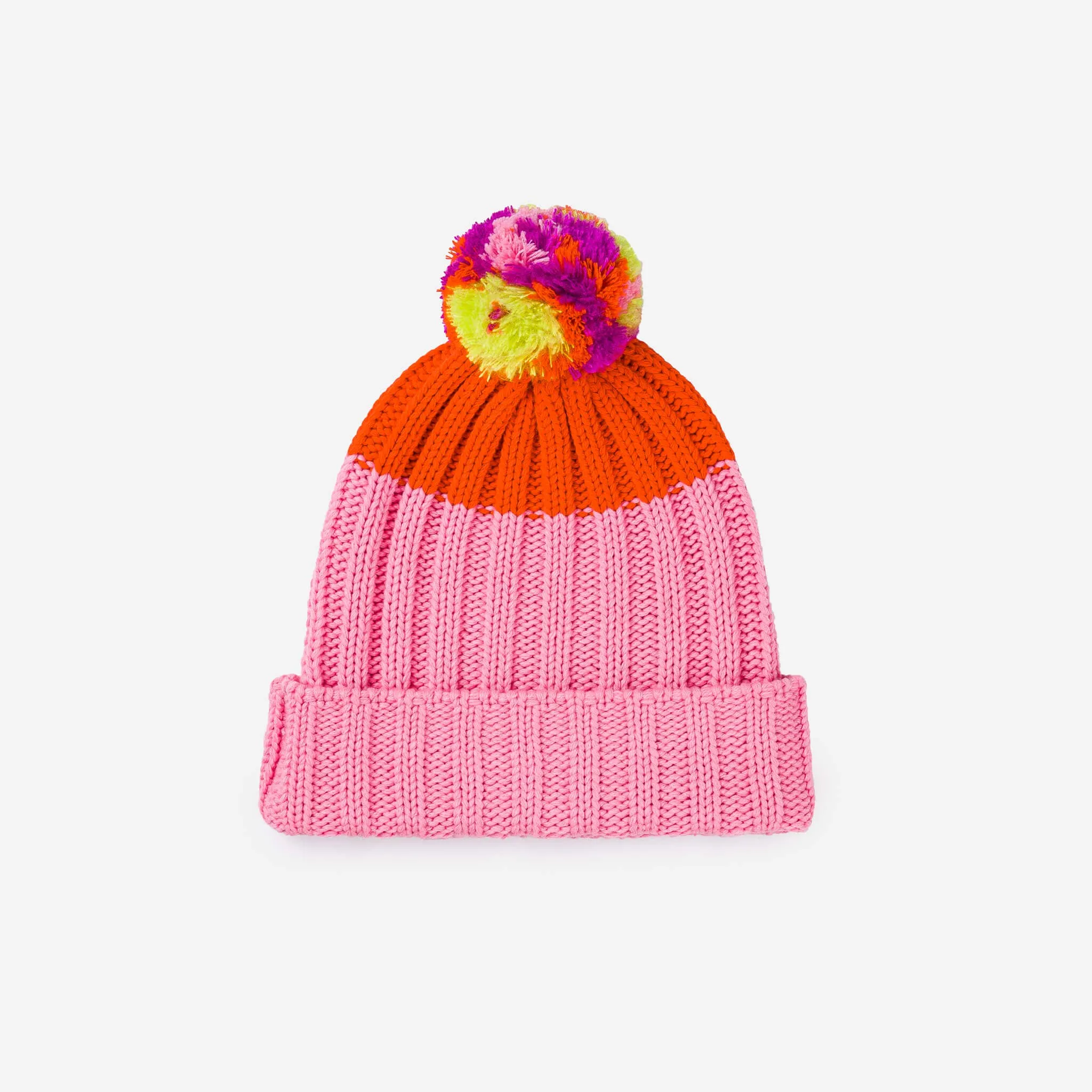 Chunky Colorblock Knit Pom Beanie: Pink