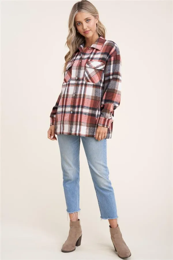 Collared snap button double-chest pocket plaid overshirt jacket (shacket)