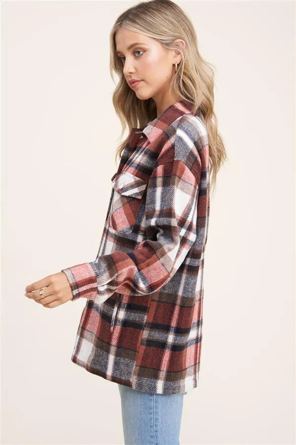 Collared snap button double-chest pocket plaid overshirt jacket (shacket)