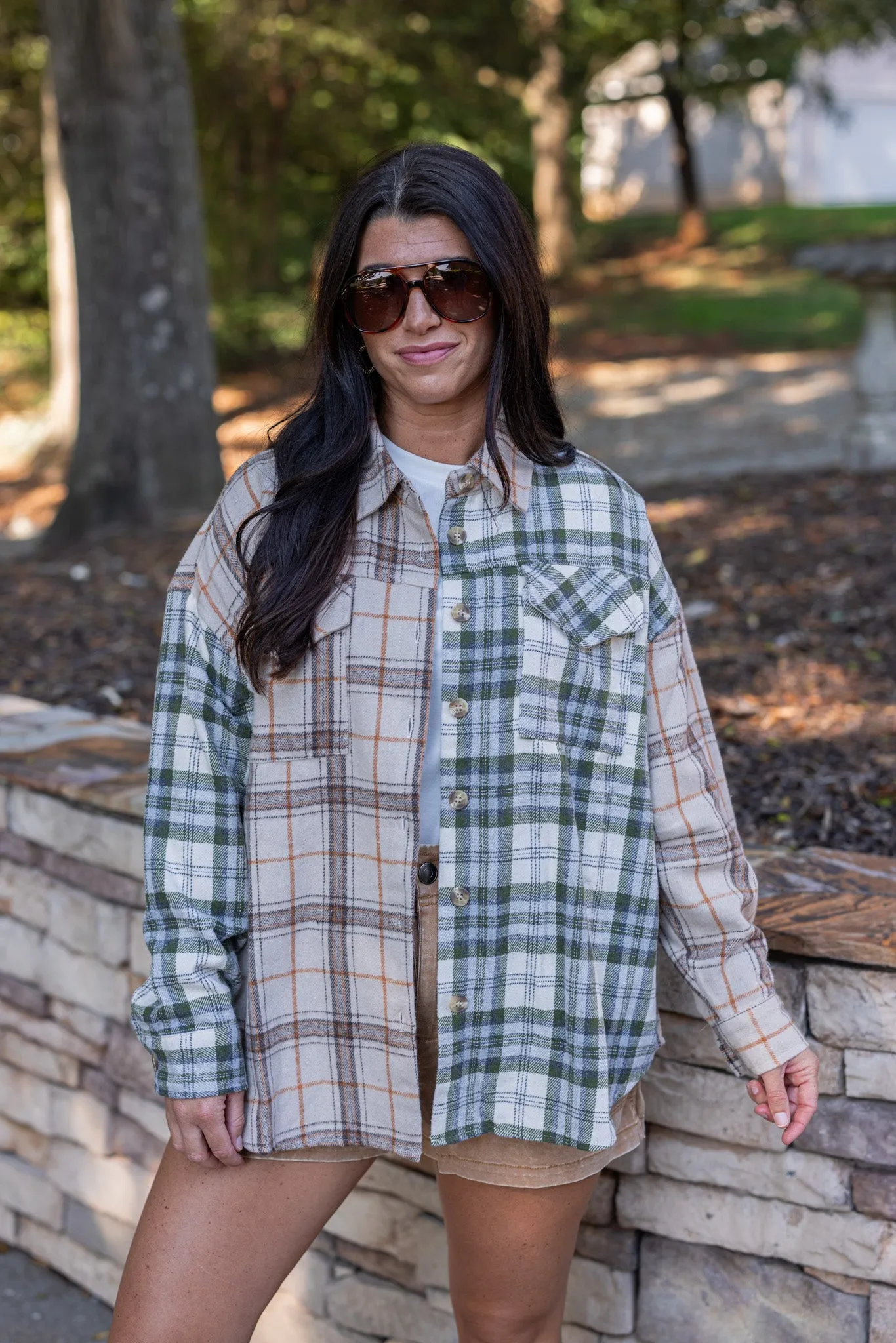 Colorblocked Plaid Olive Flannel Top