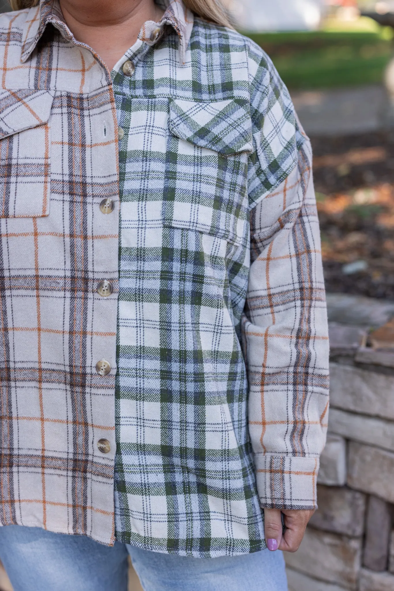 Colorblocked Plaid Olive Flannel Top